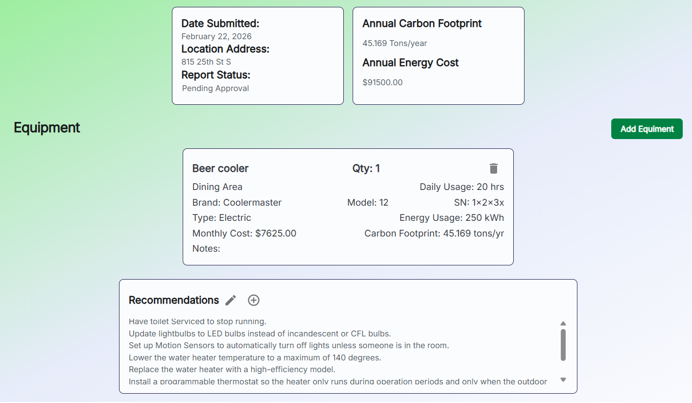 Energy Audit Portal showing completed facility audit with automated carbon footprint calculations, cost analysis, and generated recommendations
