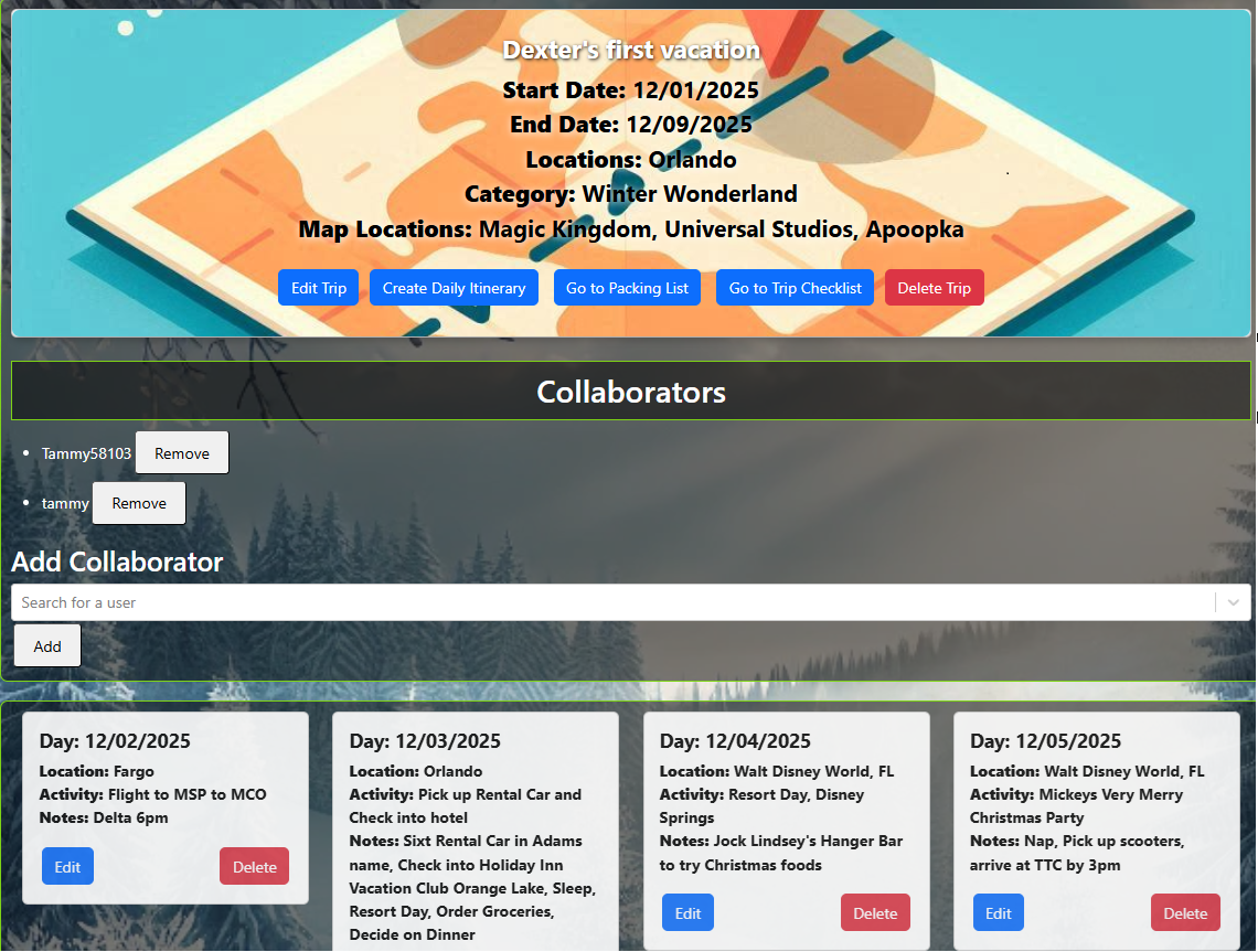 WanderWise itinerary interface showing multi-day trip planning with nested activities, map locations, and collaboration features